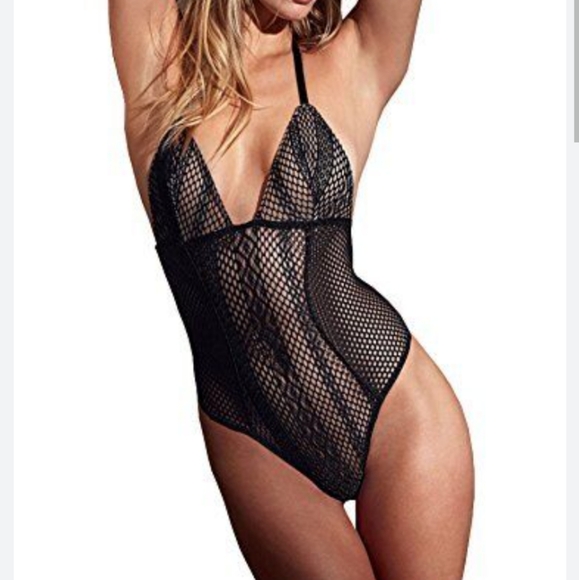Victoria's Secret After Dark Fishnet Lace Cutout Halter Teddy - Picture 1 of 9